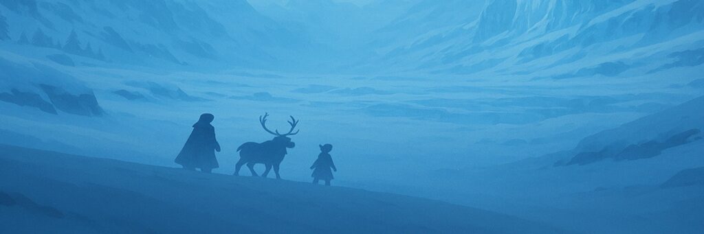 Stylized snowy mountain backdrop with silhouetted animated-style characters, suggesting the Frozen franchise without showing copyrighted designs.