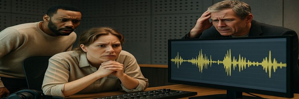 A recording studio scene with a confused production team reacting to a malfunctioning synthetic voice system on a monitor.