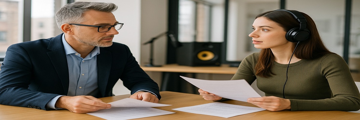 Talent agent and voice actor meeting in a modern office, discussing scripts and contracts with professional focus, symbolizing collaboration in the voiceover industry.