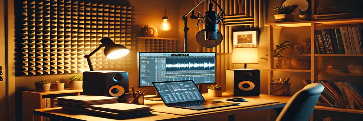 A warm creative workspace with casting notes, a printed script, and a softly lit computer screen representing the early stages of a voiceover career.
