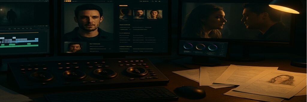 Film production workspace with screens, scripts, and creative tools representing behind-the-scenes entertainment roles.