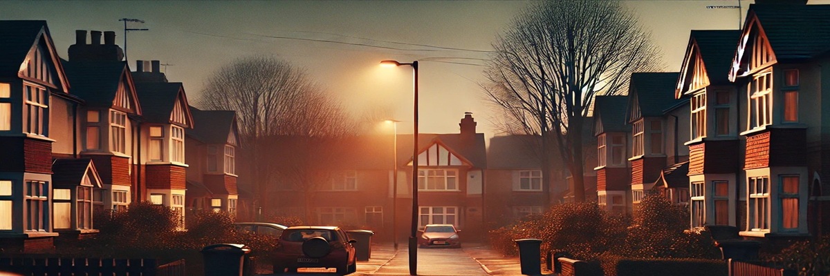 A quiet suburban street at dusk with soft lighting, representing the neighborhood where the incident involving voice actor Jonathan Joss took place.