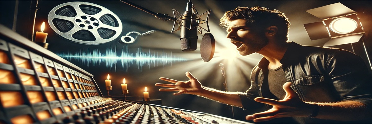 Redd Pepper recording in a dimly lit film studio with a movie poster backdrop, symbolizing his legacy in cinematic voiceovers.