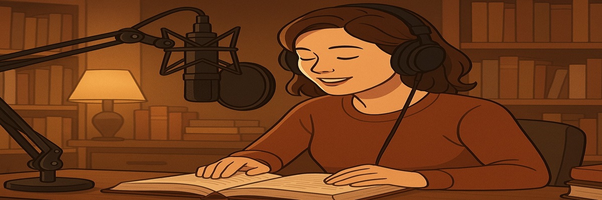 A digital illustration of a voice actor recording an audiobook in a cozy studio, surrounded by books, a microphone, and soft warm lighting.