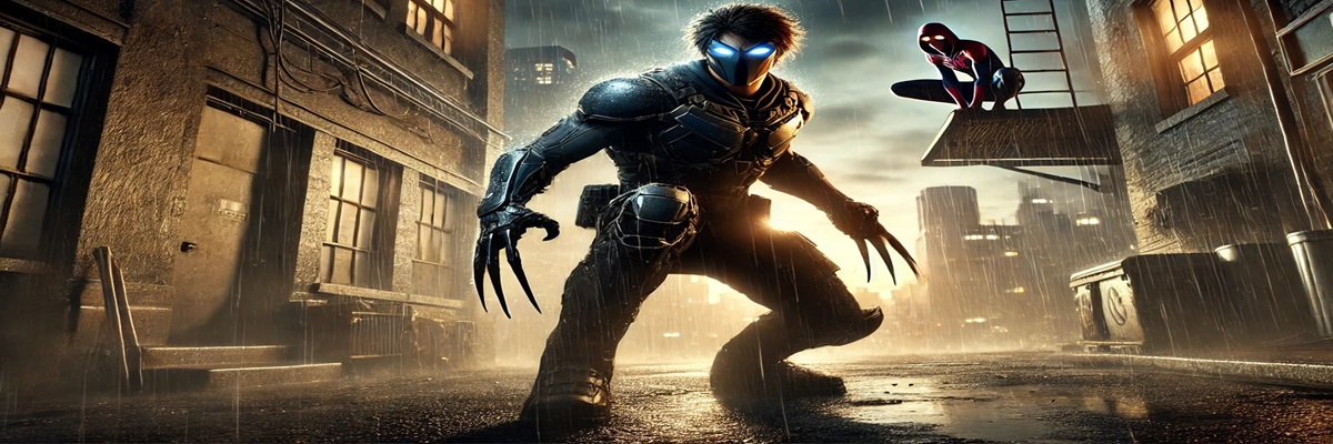 A dramatic scene showing Wolverine standing in a rain-soaked city alley with Spider-Man perched on a rooftop in the background, hinting at a possible crossover tone.