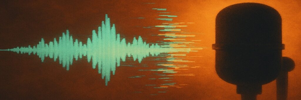A stylized image of a digital voice waveform glitching beside a human microphone silhouette, symbolizing tension between AI audio and real performers.