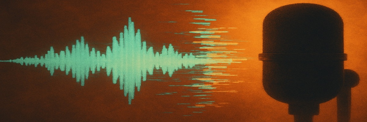 A stylized image of a digital voice waveform glitching beside a human microphone silhouette, symbolizing tension between AI audio and real performers.
