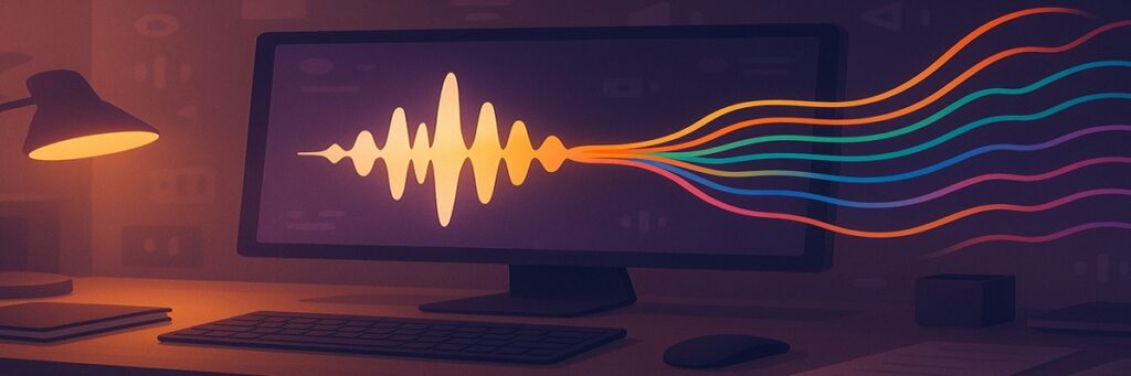 Stylized visual of multiple glowing vocal waveforms branching from a single source, symbolizing one voice transforming into many styles.