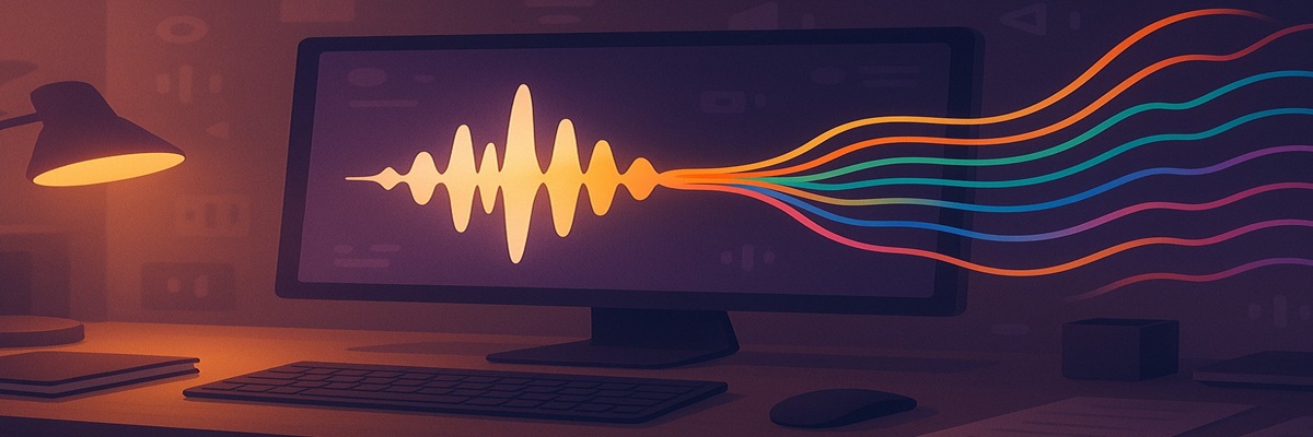 Stylized visual of multiple glowing vocal waveforms branching from a single source, symbolizing one voice transforming into many styles.