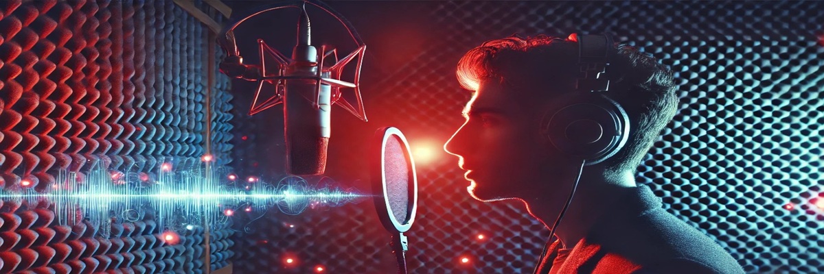 A cinematic illustration of a narrator recording in a booth with red and blue lighting, symbolizing voiceover work in political advertising.