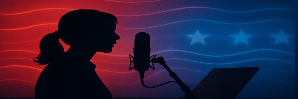 A cinematic illustration of a narrator silhouette speaking into a microphone with patriotic color lighting, symbolizing political voiceover work.