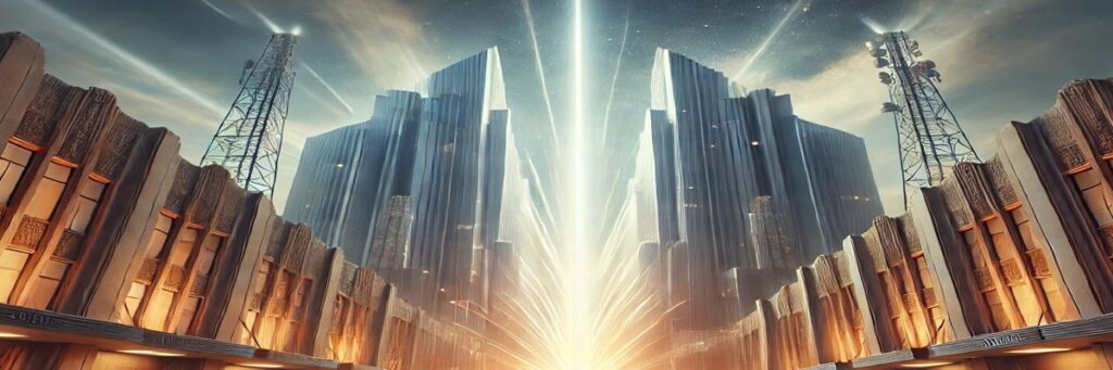 A cinematic illustration of two large studio towers merging into one glowing structure, symbolizing a major entertainment industry acquisition.