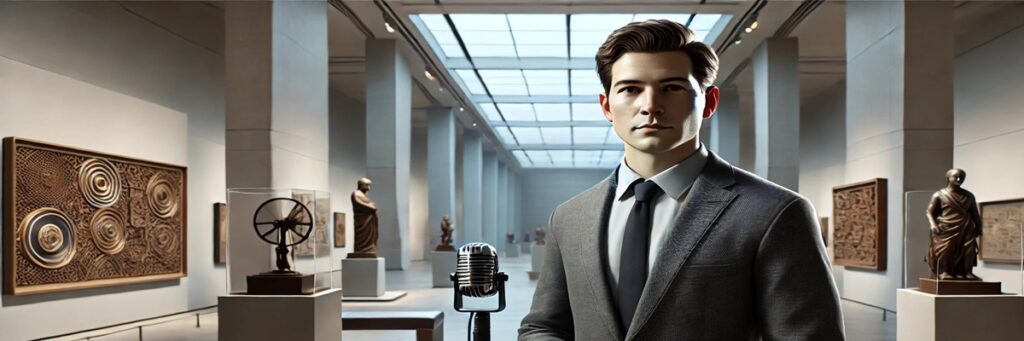 Voice actor guiding museum visitors through audio description in a cultural space