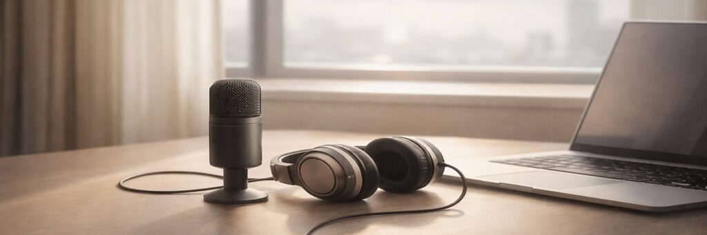 Portable microphone setup used by a voice actor for mobile and travel recording in 2026