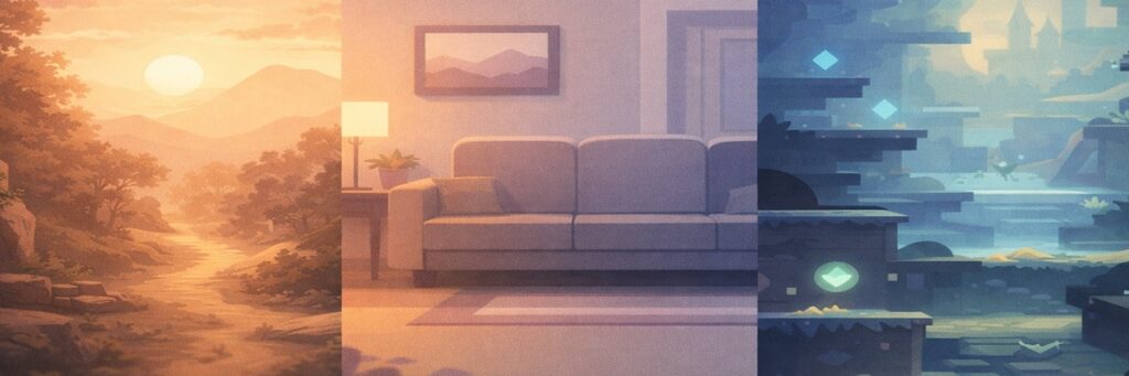 Illustration representing character voice acting across film, television, and video games, showing how performance demands change by medium