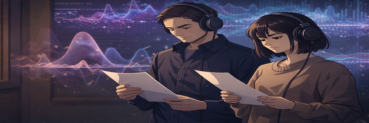 Voice actors recording dialogue in a dubbing studio, representing industry concerns over automated AI dubbing replacing human performances