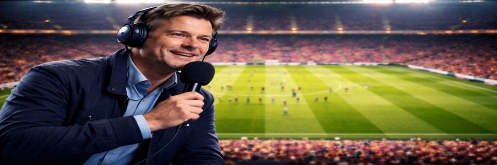 Guy Mowbray recording football commentary in a studio for EA Sports FC game series