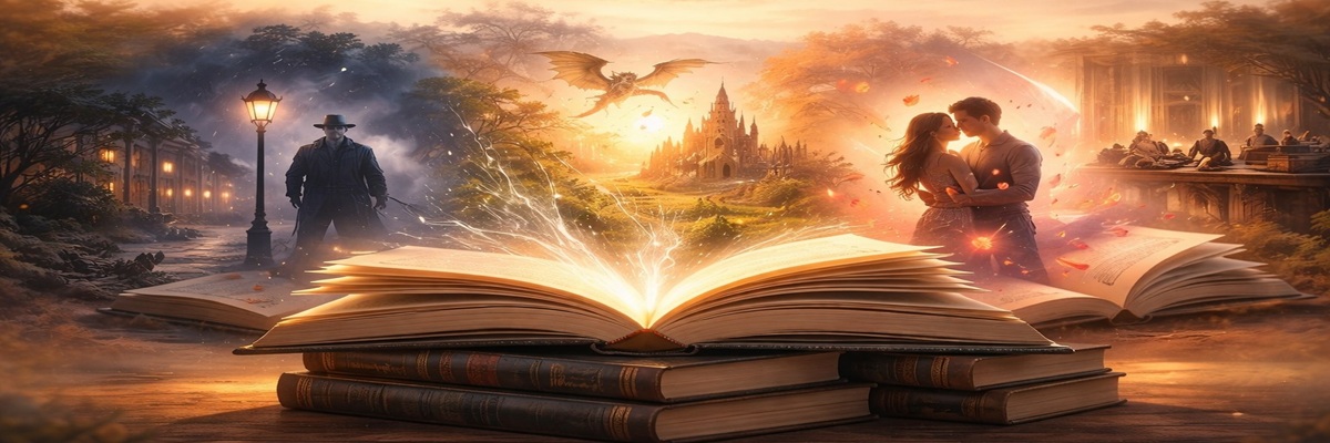 Cinematic widescreen illustration of open books glowing with scenes from multiple audiobook genres, including fantasy, mystery, romance, and historical drama, symbolizing audiobook narration across genres.