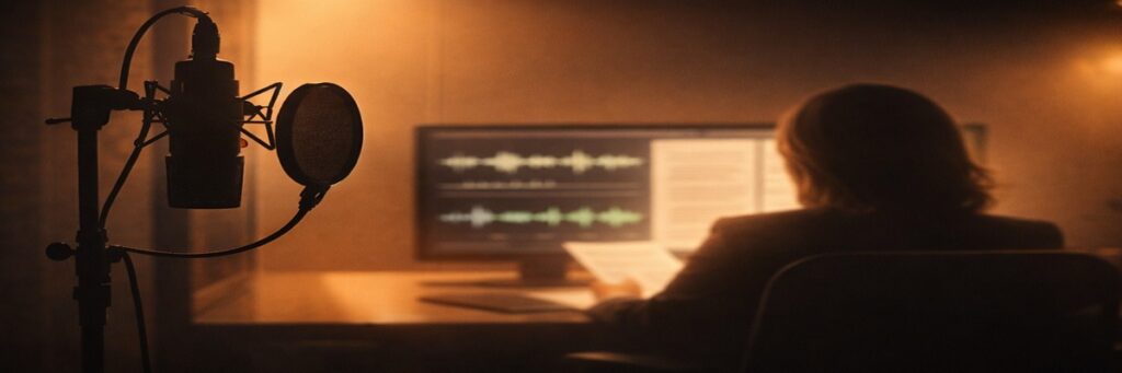 Voiceover audition studio with microphone in foreground and casting director reviewing scripts and audio waveforms