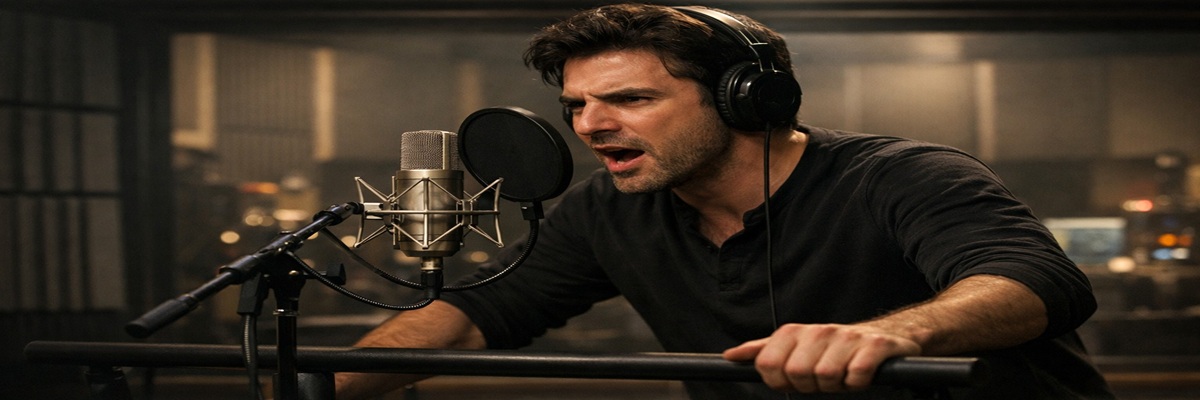 Adam Driver performing voice acting in a recording booth while leaning on a support bar during an intense character performance