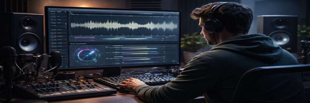 audio editing software interface adjusting emotional tone of a recorded voiceover in a professional sound studio