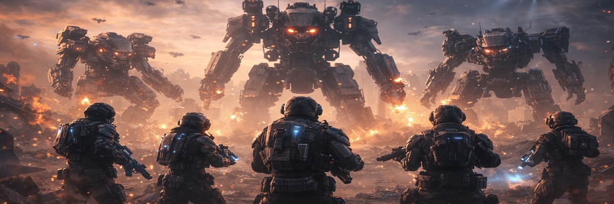 futuristic armored soldiers preparing to battle giant mechanical enemies in a sci fi game setting