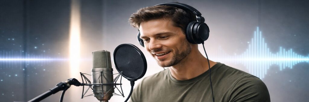 Voice actor recording in a studio with subtle AI waveform visuals
