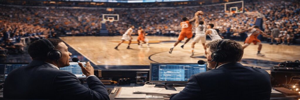 college basketball game in a packed arena with commentators calling the action courtside
