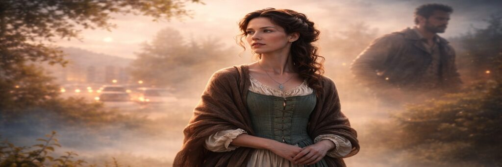 period drama scene featuring a woman in historical clothing reflecting on memories while a distant male voice narrates