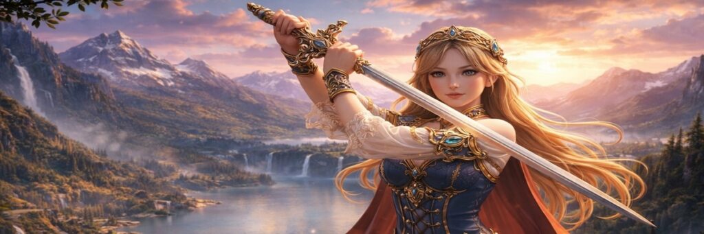 fantasy princess standing in a vast kingdom landscape inspired by an epic adventure video game