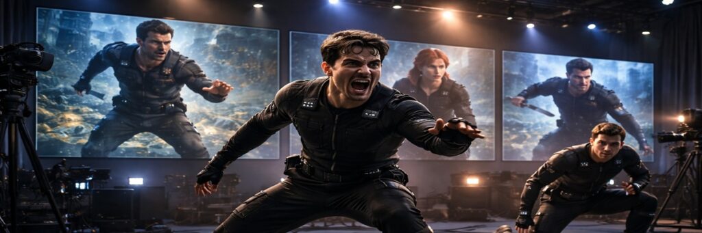 video game performance capture actors performing a scene during game development