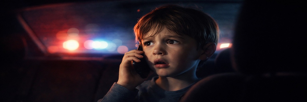 dramatic film scene showing a child speaking on a phone during a tense moment inspired by a real life story
