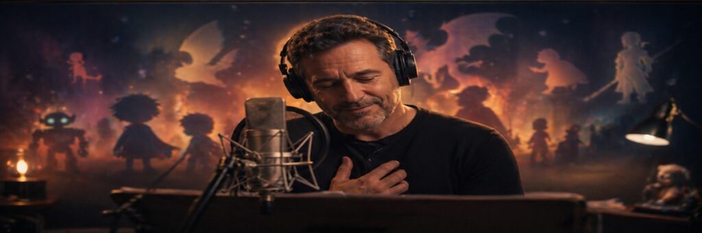 Voice actor in studio representing tribute to Benoît Rousseau and his work in animation dubbing
