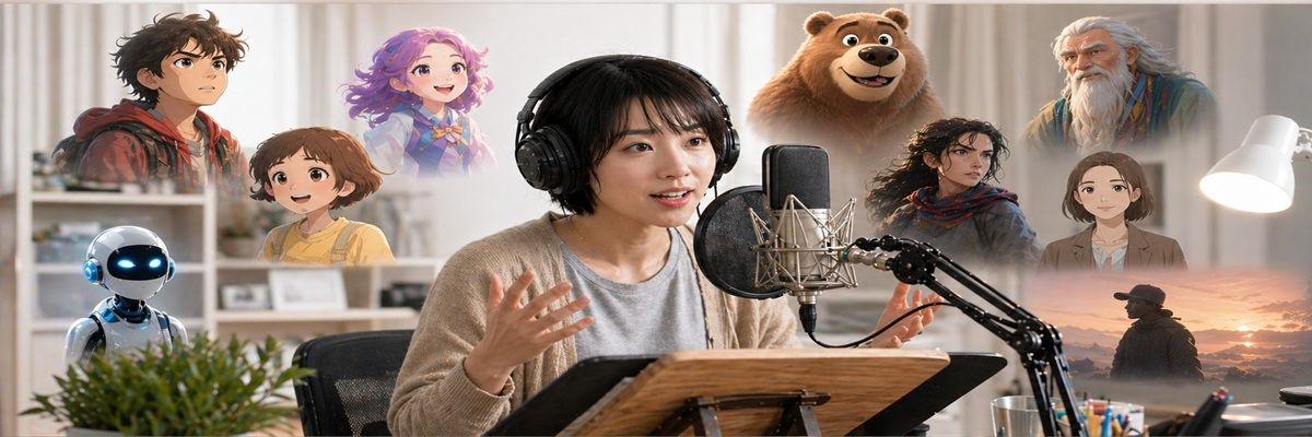 Voice actor performing multiple character voices in studio for animation and narration roles