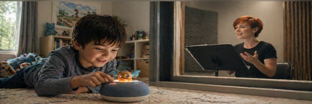 Child using interactive audio toy with voice actor recording character voice in studio