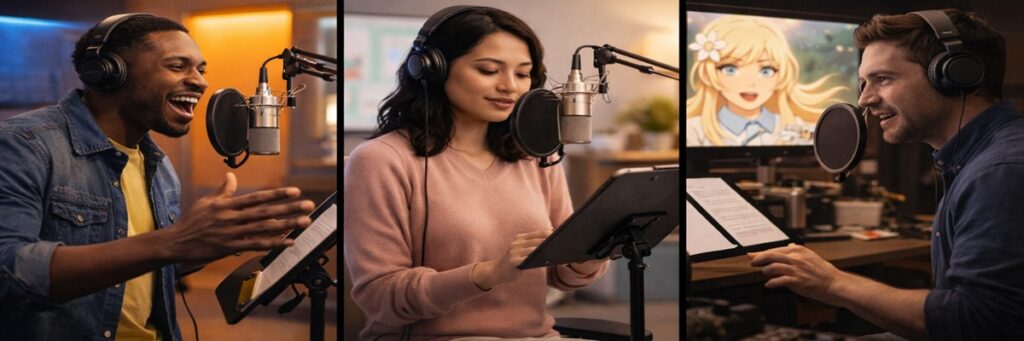 Voice actor recording educational narration compared to commercial and character voice acting styles