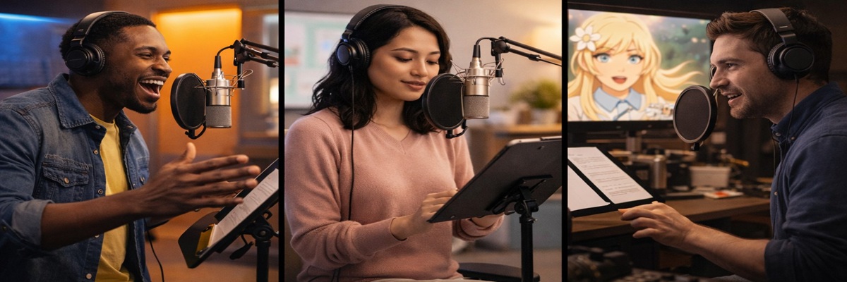 Voice actor recording educational narration compared to commercial and character voice acting styles