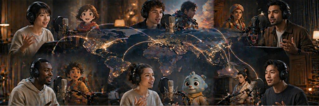 Voice actors from different countries recording localized character performances for global media