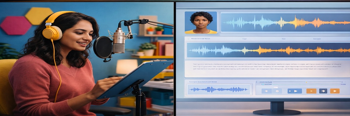 Voice actor recording narration alongside AI voice generation interface for eLearning