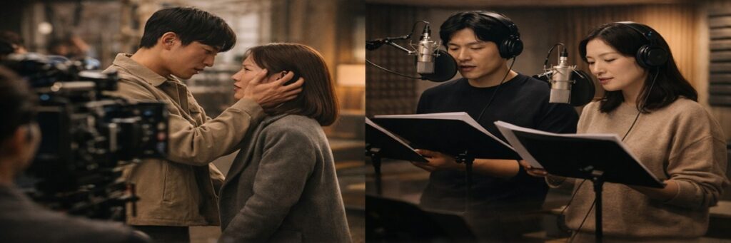 Voice actors dubbing Korean drama scenes in studio alongside on-set filming