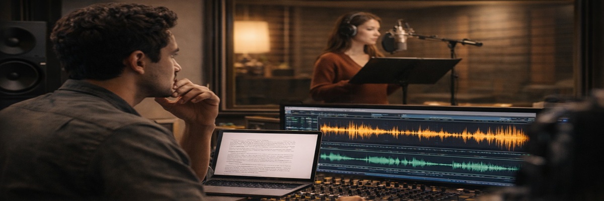Audiobook producer reviewing narration while voice actor records in studio