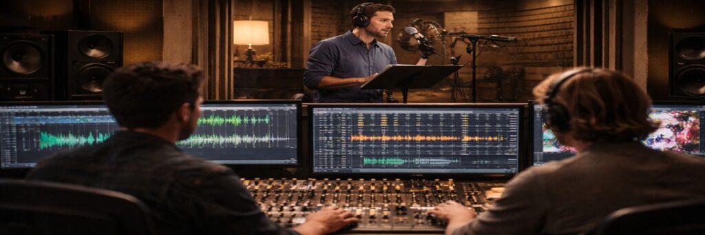 Audiobook production with voice actor recording and engineers editing audio in studio