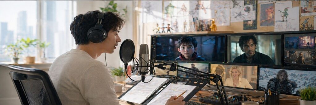 Dubbing voice actor recording multiple projects in studio for long-term career work