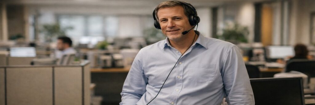 Man in office speaking casually into a microphone, representing conversational voiceover style