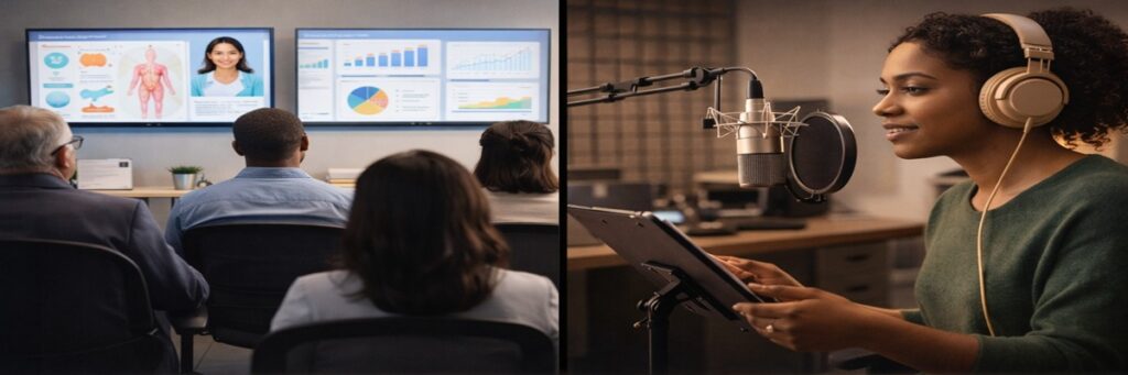 Voice actor recording narration for corporate eLearning training module