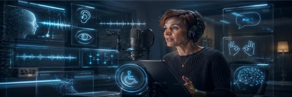 Voice actor recording narration beside futuristic accessibility AI interface