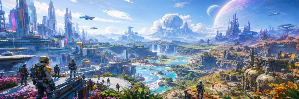 Futuristic multiplayer sci-fi world with evolving narrative atmosphere and seasonal storytelling themes