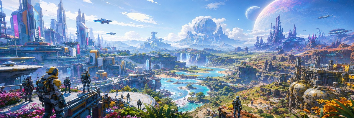Futuristic multiplayer sci-fi world with evolving narrative atmosphere and seasonal storytelling themes