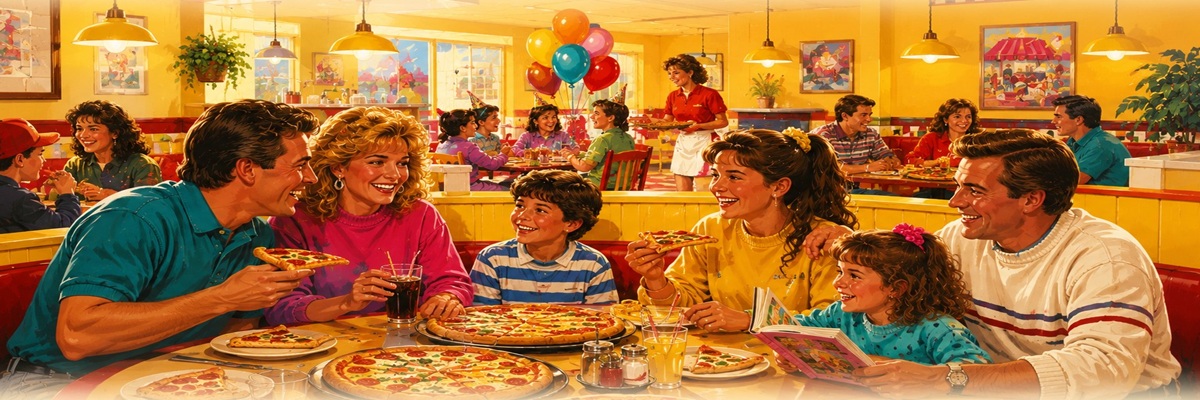 Family enjoying a nostalgic pizza night in a warm retro-inspired restaurant setting
