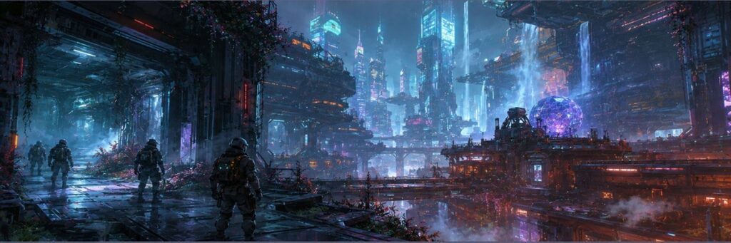 Futuristic sci-fi cityscape inspired by extraction shooters and long-term multiplayer storytelling